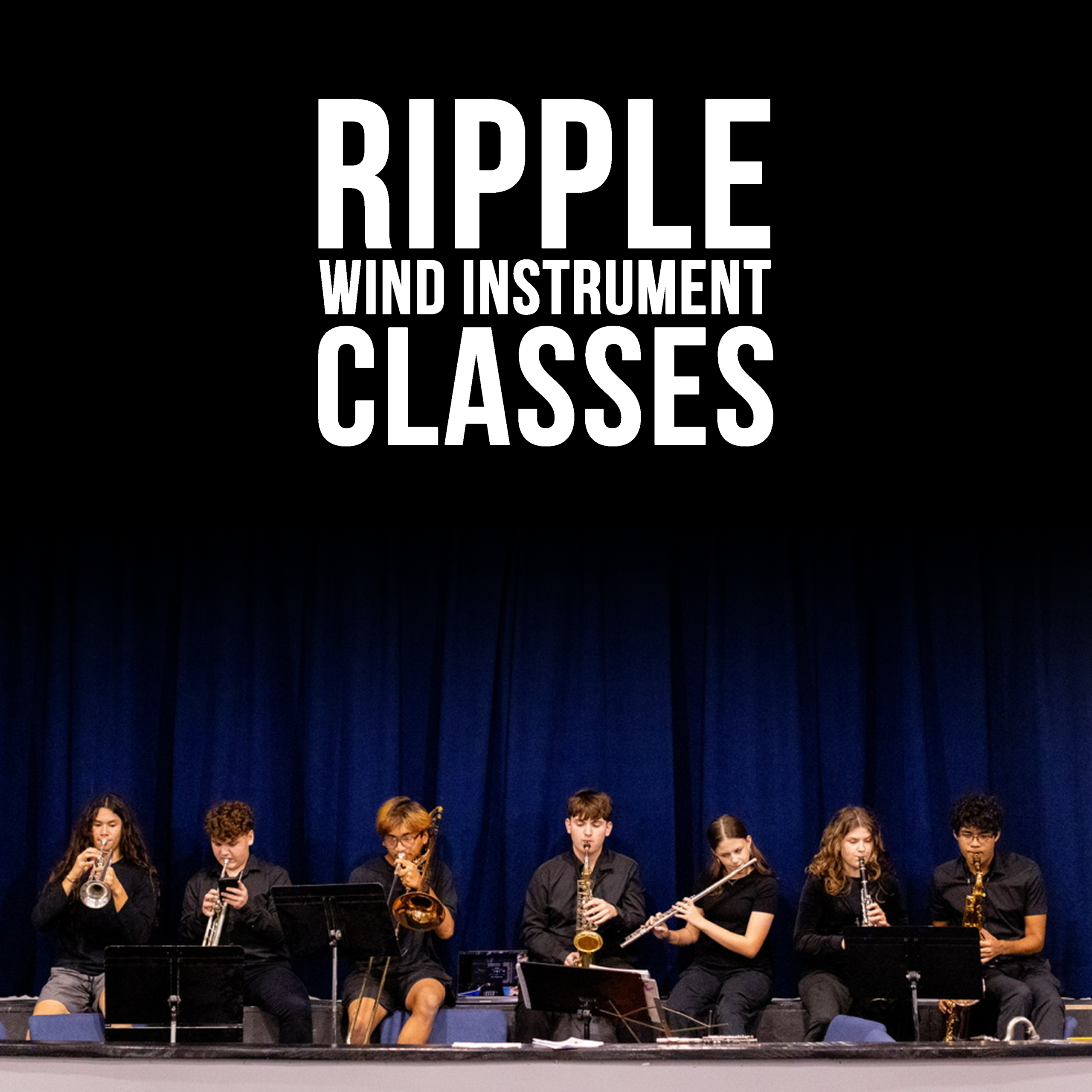 7 Orchestra Members playing their instruments in front of a curtain